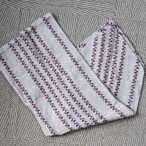 Farmhouse Scandinavian Table Runner Linen-Like Red Green Floral Vines Embroidery